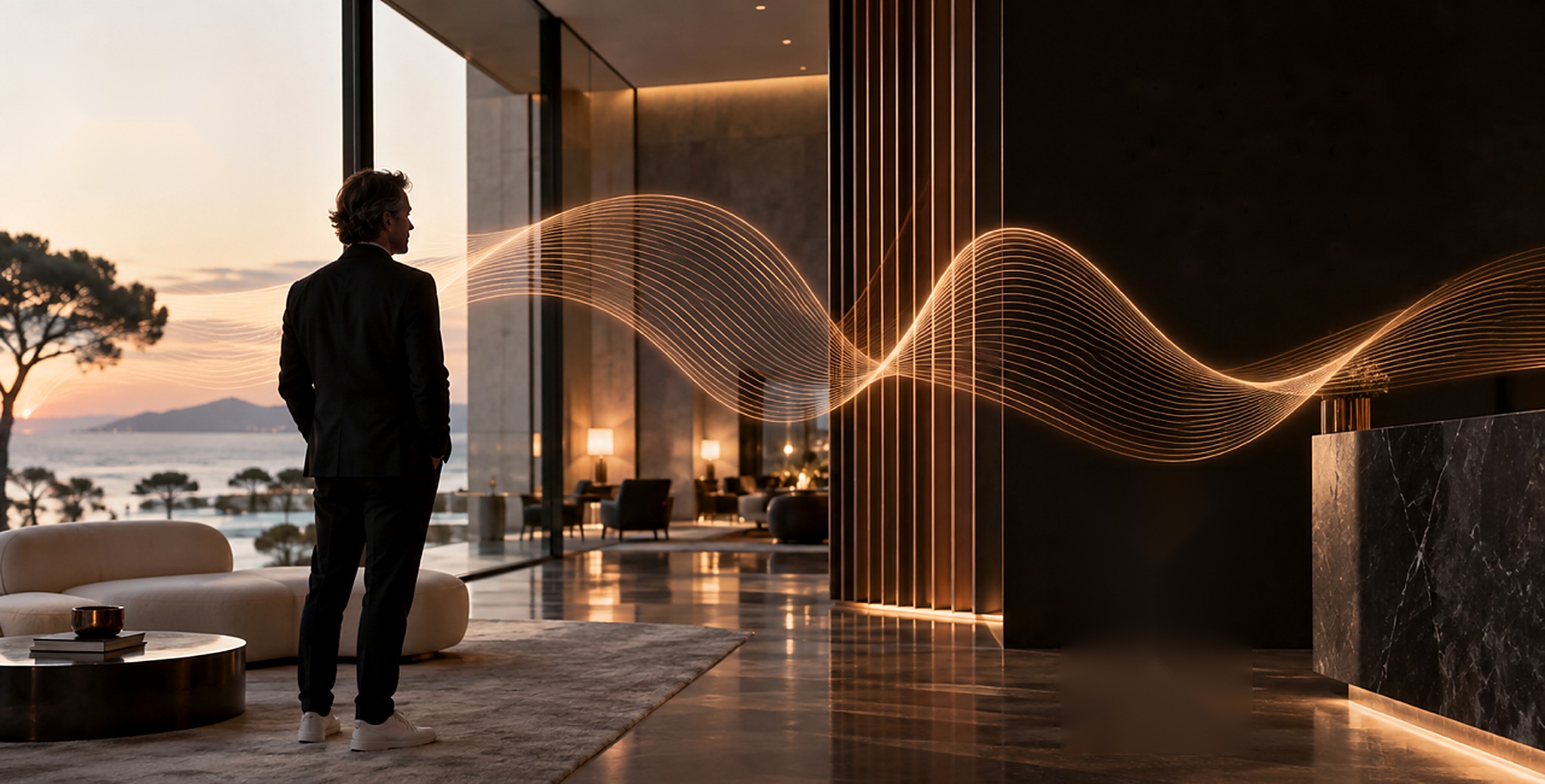 Lobby d'hôtel au crépuscule traversé par une onde sonore lumineuse